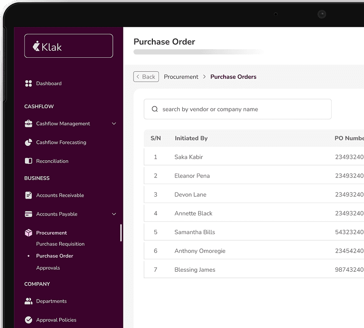 Purchase order management dashboard
